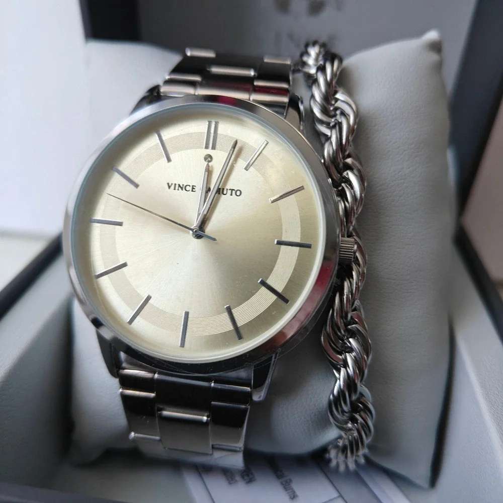Vince Camuto Men Stainless Steel Analog Silver Watch Bracelet Set Gold Tone Dial